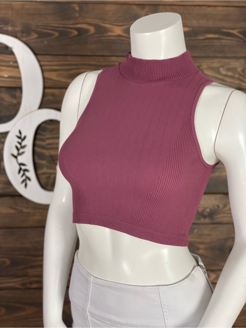 Bozzolo Ribbed Mock Neck Crop Top Mauve Pink Purple Sleeveless SM71865 - Picture 2 of 7